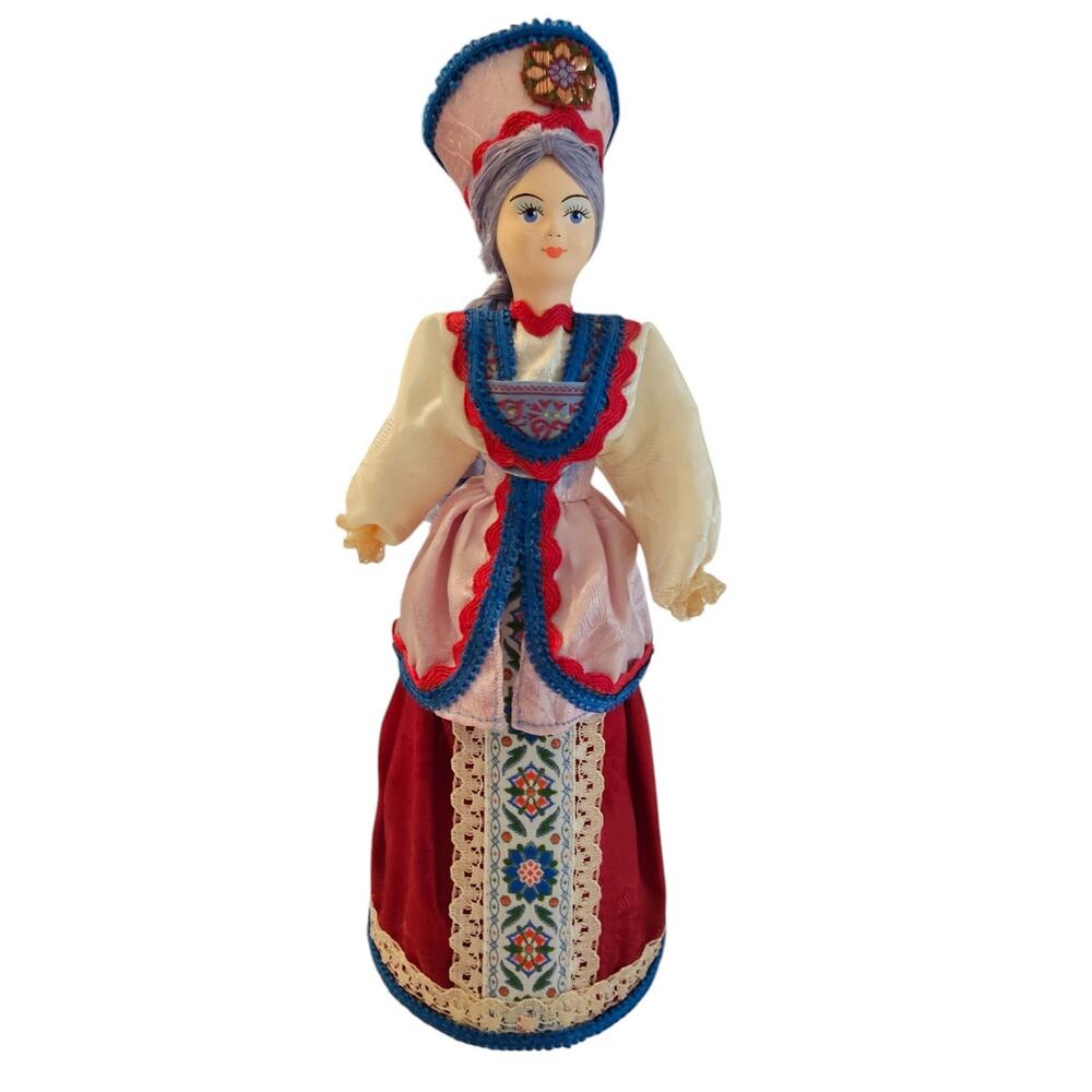 Vintage Russian Cone Matreshka 10” Handmade Folk Art Doll Painted Porcelain Face